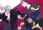  2boys black_pants black_shirt boxing_gloves brown_hair can chips clenched_hand controller couch cowboy_shot food gojou_satoru highres holding holding_can hua_(supa_jopa) itadori_yuuji jujutsu_kaisen knee_up long_sleeves male_focus multiple_boys open_mouth pants potato_chips profile remote_control round_eyewear shirt short_hair short_sleeves simple_background sitting smile stuffed_toy sunglasses sweatdrop white_background white_hair 