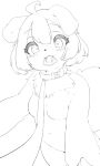  2021 ahoge anthro bangs blush breasts canid canine canis chest_tuft closed_smile collar condom condom_in_mouth condom_wrapper digital_media_(artwork) domestic_dog featureless_breasts featureless_crotch female first_person_view floppy_ears fur hair kemono leash looking_at_viewer mammal monochrome navel nude nuk_sun sexual_barrier_device short_hair simple_background small_breasts smile solo tuft white_background 