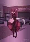  absurd_res ailurid bed bedroom blush book breasts dresser female fur furniture genitals hi_res invalid_background mammal nipples paintings pussy red_body red_fur red_panda shy smile solo standing vase 