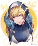  1girl apex_legends blonde_hair blue_bodysuit blue_eyes bodysuit character_name cropped_torso electricity eyebrows_behind_hair head_tilt hood hooded_jacket jacket leaning_forward looking_at_viewer mizutama_(mao11260510) orange_jacket portrait ribbed_bodysuit scar scar_on_cheek scar_on_face smile solo twitter_username wattson_(apex_legends) white_bodysuit 