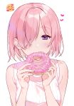  1girl absurdres bangs bare_shoulders blush breasts doughnut emoji eyebrows_visible_through_hair fate/grand_order fate_(series) food hair_over_one_eye highres holding holding_food kuroki_(ma-na-tu) looking_at_viewer mash_kyrielight medium_breasts pink_hair purple_eyes scan short_hair simple_background sleeveless solo upper_body 