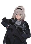  1girl absurdres an-94 an-94_(girls&#039;_frontline) assault_rifle bangs black_gloves blonde_hair braid eyebrows_visible_through_hair girls&#039;_frontline gloves green_eyes gun hairband highres holding holding_gun holding_weapon la13 long_hair looking_at_viewer mod3_(girls&#039;_frontline) open_mouth parted_lips ponytail rifle solo standing tactical_clothes teeth weapon white_background 