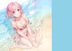  1girl absurdres bangs bare_shoulders bikini breasts fate/grand_order fate_(series) flower full_body hair_over_one_eye highres kuroki_(ma-na-tu) looking_at_viewer mash_kyrielight medium_breasts pink_hair purple_eyes sarong scan shore short_hair simple_background smile solo swimsuit water 