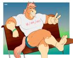  2022 absurd_res anthro barefoot brown_body clothed clothing equid equine feet gesture hi_res horse kris_(zourik) looking_at_viewer male mammal muscular muscular_anthro muscular_male simple_background sitting sitting_on_bench smile smiling_at_viewer solo v_sign wristband zourik 