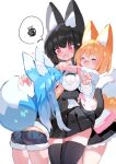  3girls animal_ear_fluff animal_ears bangs black_hair black_skirt blonde_hair blue_hair blush breast_pocket breasts cat_ears cat_girl cat_tail closed_mouth cuddling fang fox_ears fox_girl fox_tail heart highres hug jacket long_hair mamuru medium_breasts medium_hair miniskirt multiple_girls nose_blush open_mouth original pink_eyes pleated_skirt pocket shirt short_shorts shorts simple_background skirt spoken_squiggle squiggle tail thighhighs white_background white_jacket white_shirt zettai_ryouiki 