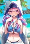  1girl bangs beach bikini blue_bikini blue_bow blue_hair blurry blurry_background blush bow braid breasts cleavage clothes_pull eyebrows_visible_through_hair highres hololive hood hoodie large_breasts looking_away minato_aqua multicolored_hair navel nidaime_(doronbo) open_mouth pink_eyes pink_hair raised_eyebrows shy skirt skirt_pull solo stomach swimsuit twin_braids two-tone_hair upper_body water wet white_hoodie 