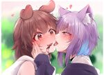  2girls absurdres animal_ear_fluff animal_ears bare_shoulders black_jacket blue_hair blurry blurry_background blush brown_eyes brown_hair cat_ears chocolate chocolate_on_face chocolate_on_hand commentary_request depth_of_field dog_ears flying_sweatdrops food food_on_face food_on_hand half-closed_eye heart highres hololive inugami_korone jacket kana616 licking long_sleeves multicolored_hair multiple_girls nekomata_okayu nose_blush profile puffy_long_sleeves puffy_sleeves purple_eyes purple_hair shirt sleeves_past_wrists spanish_commentary streaked_hair sweat upper_body virtual_youtuber white_shirt yuri 