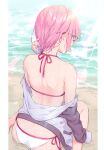  1girl absurdres ass bare_shoulders bikini day fate/grand_order fate_(series) from_behind glasses hair_over_one_eye highres kuroki_(ma-na-tu) mash_kyrielight off_shoulder pink_hair scan shiny shiny_hair shore short_hair simple_background solo swimsuit thighs water 