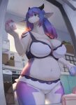  2022 5_fingers anthro belly big_breasts blue_eyes bra breasts claws cleavage clothed clothing curvy_figure dragon female finger_claws fingers hair hi_res holding_object horn huge_breasts inside kemono kitchen lanya_(shian) low-angle_view milk_carton multicolored_body multicolored_hair navel panties pink_body pink_hair portrait purple_body purple_hair shian signature slightly_chubby solo thick_thighs three-quarter_portrait translated_description underwear underwear_only voluptuous white_body wide_hips 
