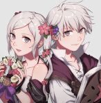  1boy 1girl absurdres bangs bare_shoulders black_gloves book closed_mouth collarbone fingerless_gloves fire_emblem fire_emblem_heroes flower gloves grey_eyes hair_between_eyes hair_flower hair_ornament high_collar highres holding holding_book holding_flower looking_at_viewer open_mouth peach11_01 purple_robe robin_(fire_emblem) robin_(fire_emblem)_(female) shirt simple_background smile swept_bangs twintails white_shirt 