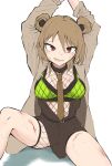  1girl bangs blood_on_leg blush bound bound_wrists breasts brown_coat brown_dress brown_hair brown_necktie coat double_bun dress eyebrows_visible_through_hair feet_out_of_frame girls&#039;_frontline green_sports_bra highres kuzumotsu looking_at_viewer medium_breasts medium_hair necktie official_alternate_costume on_floor open_clothes open_coat open_dress open_mouth p90_(girls&#039;_frontline) red_eyes scar smile solo sports_bra sweat white_background 