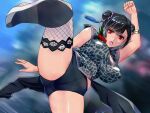  1girl arm_behind_head armband ass bangs black_hair blurry blurry_background breasts china_dress chinese_clothes clenched_hand commentary double_bun dress final_fantasy final_fantasy_vii fishnet_legwear fishnets forehead hair_ornament high_heels kicking lace-trimmed_legwear lace_trim large_breasts looking_at_viewer official_alternate_costume open_mouth parted_bangs red_eyes solo standing standing_on_one_leg suuitchi thighhighs thighs tifa_lockhart v-shaped_eyebrows 
