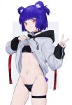  1girl animal_ears bangs black_bra black_panties blunt_bangs bra choker clothes_lift commentary cowboy_shot grey_hoodie gris_swimsuit groin highres hood hoodie lifted_by_self looking_at_viewer meme_attire navel one_side_up panties purple_hair red_eyes sashisuse see-through_swimsuit short_hair simple_background smile solo string_panties swimsuit thighlet underwear v 