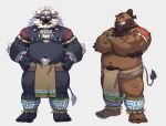  2022 absurd_res anthro belly biped bottomwear bovid bovine cattle clothing duo facial_piercing hi_res humanoid_hands jerry_5779 kemono loincloth male mammal moobs navel nipples nose_piercing nose_ring overweight overweight_male piercing suid suina sus_(pig) wild_boar 