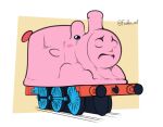  blue_eyes blush_stickers covered_face freckles_art full_body ground_vehicle horror_(theme) kirby kirby_(series) kirby_and_the_forgotten_land mouthful_mode no_humans thomas_the_tank_engine thomas_the_tank_engine_(character) train twitter_username 