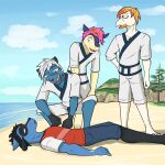  anthro anthrofied barefoot beach bottomwear clothed clothing crouching feet fuze group hi_res hisuian_decidueye hisuian_samurott hisuian_typhlosion keikogi lying male martial_arts_uniform nintendo on_back pok&eacute;mon pok&eacute;mon_(species) pok&eacute;morph regional_form_(pok&eacute;mon) riolu sea seaside shirt shorts sportswear t-shirt topwear video_games water 