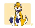  anthro bandanna belly blush fur happy heart_(marking) kerchief lutrine male mammal mustelid pawpads paws sadcat16hrz seigwestwood simple_background sitting solo white_belly yellow_body yellow_fur 