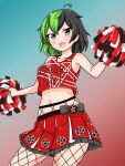 #dino_chan 1girl black_hair cheering cheerleader crop_top demon green_hair holding holding_pom_poms leggings midriff miniskirt navel original pentagram pom_pom_(cheerleading) skirt stomach 