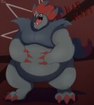  absurd_res anthro belly black_belly black_body black_fur claws fur grey_belly hair hand_on_stomach hi_res male morbidly_obese morbidly_obese_anthro morbidly_obese_male nintendo obese obese_anthro obese_male ogretusks oran_berry overweight overweight_anthro overweight_male pok&eacute;mon pok&eacute;mon_(species) pokemon_berry red_hair solo standing video_games zoroark 