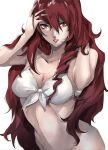  1girl bare_shoulders bikini bikini_top_only collarbone commentary drill_hair eyelashes hair_between_eyes hand_in_hair highres kirijou_mitsuru long_eyelashes long_hair looking_at_viewer parted_lips persona persona_3 pertex_777 pink_lips red_eyes red_hair simple_background sketch solo swimsuit teeth upper_body white_background white_bikini 