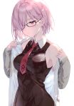  1girl absurdres bangs black-framed_eyewear blush breasts fate/grand_order fate_(series) glasses hair_over_one_eye highres kuroki_(ma-na-tu) long_sleeves mash_kyrielight medium_breasts necktie open_clothes pink_hair purple_eyes scan short_hair simple_background solo 