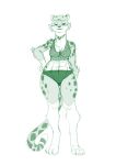  2021 abs akino_(kemokin_mania) anthro breasts cheetah cleavage clothed clothing crop_top dktorzi felid feline female front_view full-length_portrait green_and_white hand_on_hip hi_res mammal monochrome muscular muscular_anthro portrait shirt simple_background sketch solo speedo spots standing swimwear topwear white_background 