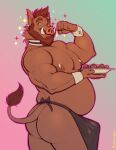  absurd_res anthro apron beard belly bow_tie brown_body brown_hair bulge butt candy chocolate clothing dessert facial_hair flexing food green_eyes hair hi_res male mammal marlon.cores moon mostly_nude nipples overweight overweight_anthro overweight_male solo suid suina sus_(pig) tusks wild_boar 
