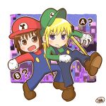  2girls absurdres blonde_hair blue_eyes blush brown_eyes brown_hair brown_headwear chiban closed_mouth eyebrows_visible_through_hair gloves green_headwear hat highres kill_me_baby long_hair long_sleeves looking_at_viewer mario_&amp;_luigi_rpg multiple_girls open_mouth oribe_yasuna overalls red_headwear short_hair smile sonya_(kill_me_baby) white_gloves 