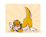  anthro ass_up bandanna belly blush covering covering_face embarrassed eyes_closed fur jack-o&#039;_pose kerchief lutrine male mammal mustelid pose raised_tail sadcat16hrz seigwestwood simple_background solo white_belly yellow_body yellow_fur 