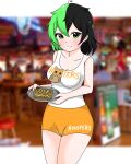  1girl artist_request black_hair breasts cleavage clothes_writing green_hair highres holding holding_tray hooters non-web_source orange_shorts original restaurant short_shorts shorts source_request tank_top tray uniform waitress 