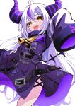  1girl :d absurdres ahoge ascot braid braided_bangs cowboy_shot demon_girl demon_horns fangs highres hololive horns la+_darknesss looking_at_viewer multicolored_hair pension_z pointy_ears purple_hair purple_horns silver_hair sleeves_past_fingers sleeves_past_wrists smile solo streaked_hair striped_horns trench_coat v-shaped_eyebrows virtual_youtuber yellow_ascot yellow_eyes 