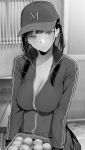  1girl bangs baseball baseball_cap blush breasts cleavage closed_mouth commentary_request gentsuki greyscale hat highres jacket large_breasts long_hair long_sleeves looking_at_viewer monochrome original partially_unzipped smile solo 