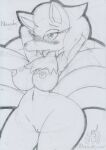 2021 anthro anthrofied bedroom_eyes big_breasts blush bodily_fluids breasts canid canine female fox genital_fluids genitals graphite_(artwork) hands_behind_head lunaris_parukia mammal multi_tail narrowed_eyes navel ninetales nintendo nipples nude pok&eacute;mon pok&eacute;mon_(species) pok&eacute;morph pussy pussy_juice seductive solo tongue tongue_out traditional_media_(artwork) video_games 