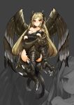  1girl absurdres animal_ears bangs bare_shoulders bird_ears bird_legs bird_tail blonde_hair blush breasts brown_feathers brown_wings cleavage commentary_request crossed_arms crossed_legs eyebrows_visible_through_hair harpy highres long_hair medium_breasts monster_girl original red_eyes shitoi_(aqua1487) solo tail tail_feathers talons twintails very_long_hair wings 