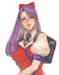  1girl asamiya_athena backpack bag bangs bespectacled black_bag blue_necktie book bow breasts collared_shirt commentary dress earrings english_commentary eyebrows_visible_through_hair glasses hair_bow highres jewelry kof:_maximum_impact kthovhinao_virmi lips long_hair looking_at_viewer maximum_impact_ii medium_breasts necktie parted_lips puffy_short_sleeves puffy_sleeves purple_eyes purple_hair red-framed_eyewear red_bow red_dress school_bag school_uniform shirt short_sleeves simple_background smile solo star_(symbol) star_print the_king_of_fighters white_background white_shirt 
