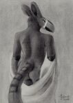  anthro avian big_beak bird black_body black_fur butt charcoal_(artwork) drapery drapes ears_back felid female foreshortening fur graphite_(artwork) greyscale gryphon hi_res looking_away mammal markings mira_(wetchop) monochrome mythological_avian mythology neck_fur nude pantherine pencil_(artwork) pivoted_ears pose scuted_arms sejantlamb simple_background solo spots spotted_markings tasteful_nudity toucan traditional_media_(artwork) 