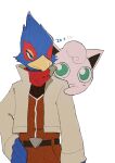  1boy bandana beak belt bird_boy blue_eyes blue_fur blush body_fur brown_jumpsuit closed_mouth commentary_request cowboy_shot cropped_jacket crossover falco_lombardi furry furry_male green_eyes half-closed_eyes hand_on_hip high_collar highres jacket jaggy_lines jigglypuff jumpsuit light_blush long_sleeves looking_at_another open_clothes open_jacket peeking_out pokemon pokemon_(creature) red_fur standing star_fox super_smash_bros. two-tone_fur udon_(udon_xxx) white_jacket 