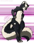  anthro black_body black_fur black_nose chest_tuft featureless_crotch fluffy fluffy_tail fur hands_on_hips heart_(marking) looking_at_viewer male mammal mephitid rainsnowandflowers skunk smile solo tuft whiskers white_body white_fur 