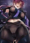  1girl armpit_cutout armpits artist_name ass_visible_through_thighs bangs bazett_fraga_mcremitz black_bodysuit black_gloves black_legwear blush bodysuit breasts cameltoe clothing_cutout commentary covered_nipples cowboy_shot ear_blush eyebrows_visible_through_hair fate/grand_order fate/hollow_ataraxia fate_(series) from_below gloves highres large_breasts long_hair looking_at_viewer low_ponytail manannan_mac_lir_(fate) mibry_(phrysm) midriff mole mole_under_eye navel necktie open_mouth pantyhose parted_bangs purple_hair purple_necktie sidelocks solo standing sweat teeth upper_teeth 