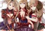  3girls :d anila_(granblue_fantasy) arm_rest armor armored_dress athena_(granblue_fantasy) bangs belt black_hairband black_skirt blonde_hair blue_eyes blue_skirt braid breasts brown_eyes cleavage coat collarbone draph eyebrows_visible_through_hair french_braid fur-trimmed_coat fur_collar fur_trim gauntlets granblue_fantasy hairband highres horns large_breasts locked_arms long_hair looking_at_viewer midriff miniskirt multiple_girls navel purple_eyes red_armor sail_(sail-away) sheep_horns shield shoulder_armor skirt smile thick_eyebrows twintails white_background zeta_(granblue_fantasy) 