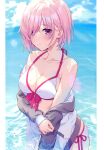  1girl absurdres bangs bare_shoulders bikini blush breasts cleavage collarbone day fate/grand_order fate_(series) hair_over_one_eye highres kuroki_(ma-na-tu) mash_kyrielight outdoors pink_hair purple_eyes scan shiny shiny_hair short_hair simple_background solo swimsuit 