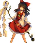  1girl :o ascot back_bow bad_id bad_twitter_id bare_shoulders black_hair bow branch breasts collared_vest detached_sleeves frilled_bow frilled_skirt frills gohei hair_bow hair_tubes hakurei_reimu highres holding kujikimi long_hair ofuda open_mouth red_bow red_eyes red_skirt red_vest simple_background skirt skirt_set small_breasts standing sweatdrop touhou v-shaped_eyebrows vest white_background white_bow white_sleeves wide_sleeves yellow_ascot 