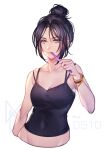  1girl apex_legends bangs black_camisole bow bracelet breasts brushing_teeth camisole cleavage collarbone covered_navel grey_eyes hair_behind_ear hair_bow holding holding_toothbrush jewelry medium_breasts mizutama_(mao11260510) parted_bangs solo toothbrush upper_body watermark white_background wraith_(apex_legends) 