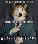 anthro canid canine canis clothing hi_res looking_at_viewer male mammal meme musk necktie reyes_(sepulte) sepulte solo suit text wolf 