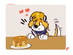  &lt;3 &lt;3_eyes anthro bandanna bodily_fluids drooling eyebrows food fur furniture hearts_around_head hi_res kerchief lutrine male mammal mustelid pancake plate raised_eyebrows sadcat16hrz saliva seigwestwood simple_background solo syrup table tail_motion tailwag yellow_body yellow_fur 