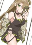  1girl bangs black_choker black_gloves black_shirt blush bow breasts brown_hair camouflage camouflage_jacket cellphone choker cleavage closed_mouth collarbone double_bun eyebrows_visible_through_hair feet_out_of_frame fingerless_gloves fingernails girls&#039;_frontline gloves green_eyes hair_bow highres holding holding_phone jacket jacket_pull kuzumotsu licking_lips long_hair looking_at_viewer medallion medium_breasts open_clothes open_jacket phone rfb_(girls&#039;_frontline) selfie shirt simple_background smartphone smile solo standing tongue tongue_out 