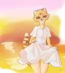  2021 akino_(kemokin_mania) anthro blep blush cheetah clothed clothing clothing_lift dress dress_lift felid feline female front_view fully_clothed fur happy hi_res mammal mangakitsune2 portrait smile solo standing tan_body tan_fur three-quarter_portrait tongue tongue_out white_clothing white_dress 