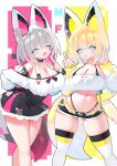  2girls animal_ears aqua_eyes bangs black_bra blonde_hair bra breasts collar colored_inner_hair double_w dress eyebrows_visible_through_hair fang fox_ears fox_girl fox_tail g-string grey_hair hair_between_eyes hand_on_hip hand_up highres large_breasts looking_at_viewer mamuru micro_shorts microdress multicolored_hair multiple_girls navel off-shoulder_dress off-shoulder_jacket off_shoulder open_mouth original pink_hair pointing pointing_at_self shorts skin_fang smile tail thighhighs thighs thong underwear w 