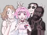  1girl 3boys :d andy_morin beard black_hair blonde_hair brown_eyes collar death_grips double_v facial_hair fang green_eyes idolmaster idolmaster_cinderella_girls looking_at_viewer mc_ride multiple_boys pink_eyes pink_hair psicochurroz real_life smile sunglasses v yumemi_riamu zach_hill 