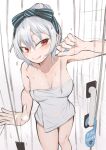  1girl bangs bare_shoulders bathroom blush breasts cleavage closed_mouth collarbone eyebrows_visible_through_hair feet_out_of_frame girls&#039;_frontline hair_between_eyes highres kuzumotsu licking_lips lips long_hair looking_at_viewer medium_breasts naked_towel red_eyes silver_hair simple_background smile solo standing tokarev_(girls&#039;_frontline) tongue tongue_out towel wet 